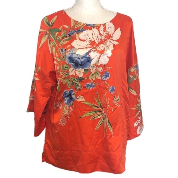 SOFT SURROUNDINGS Blouse Women's Oversized Medium Orange Blue Floral Wide Sleeve - Picture 10 of 10